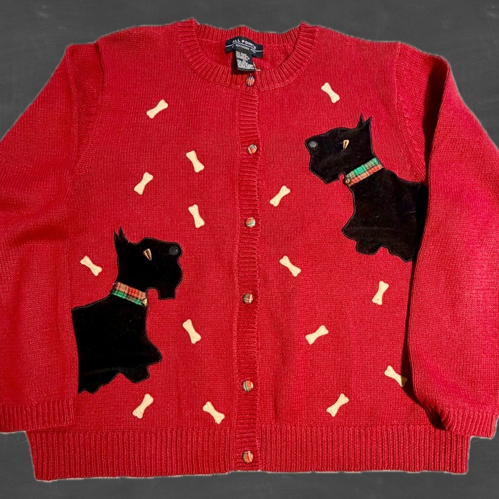 VINTAGE 90s Scottie dog schnauzer terrier knit sweater cardigan plaid button‎ XL